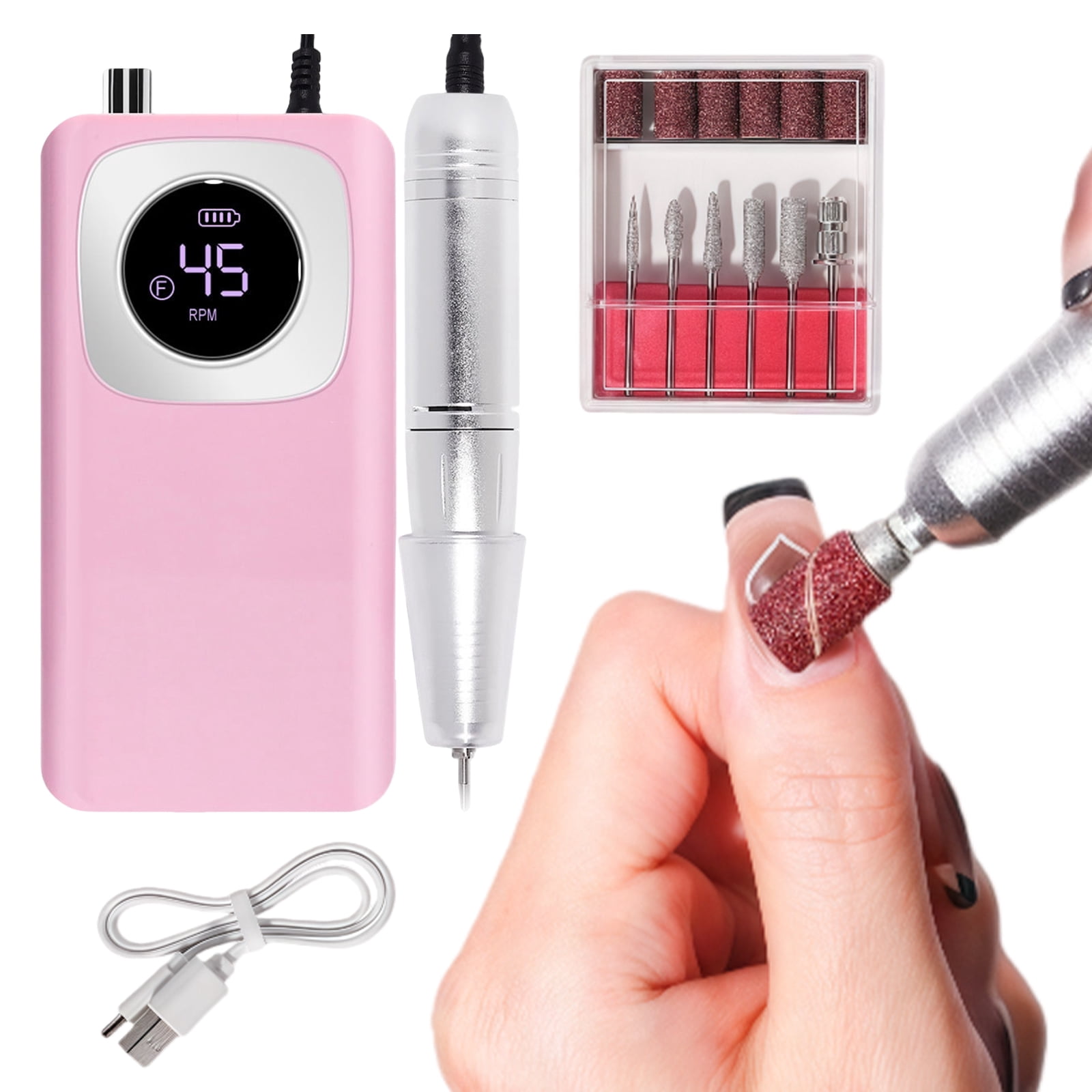 Btidfty Electric Nail Drill 45000RPM Rechargeable Cordless E-file with Bits Kit Portable Nail File for Acrylic Gel Polishing Removing (Pink)