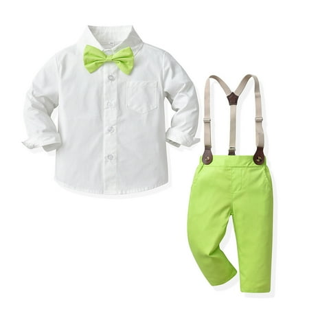 

Yubatuo Toddler Baby Boys Gentleman Bow Tie Solid T-Shirt Tops+Suspender Pants Outfits Green 90