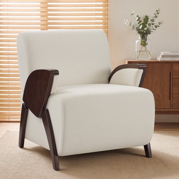 WUTUTUEE Upholstered Accent Chair with Curved Wooden Armrests, Thick Padded Seat and High Backrest