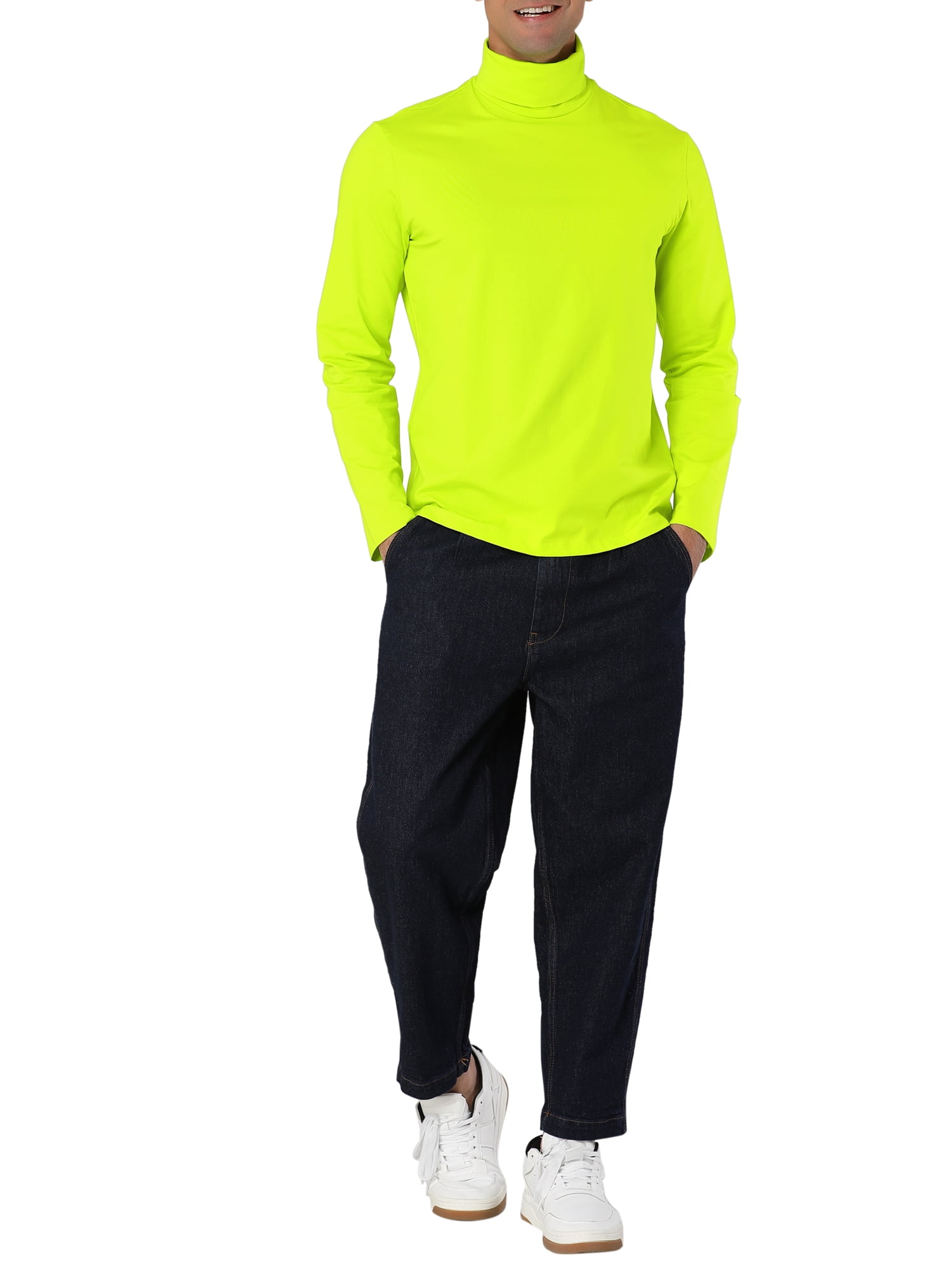 Unique Bargains Men's Pullover Lightweight Long Sleeve Top Turtleneck T-Shirt 38 Green Yellow