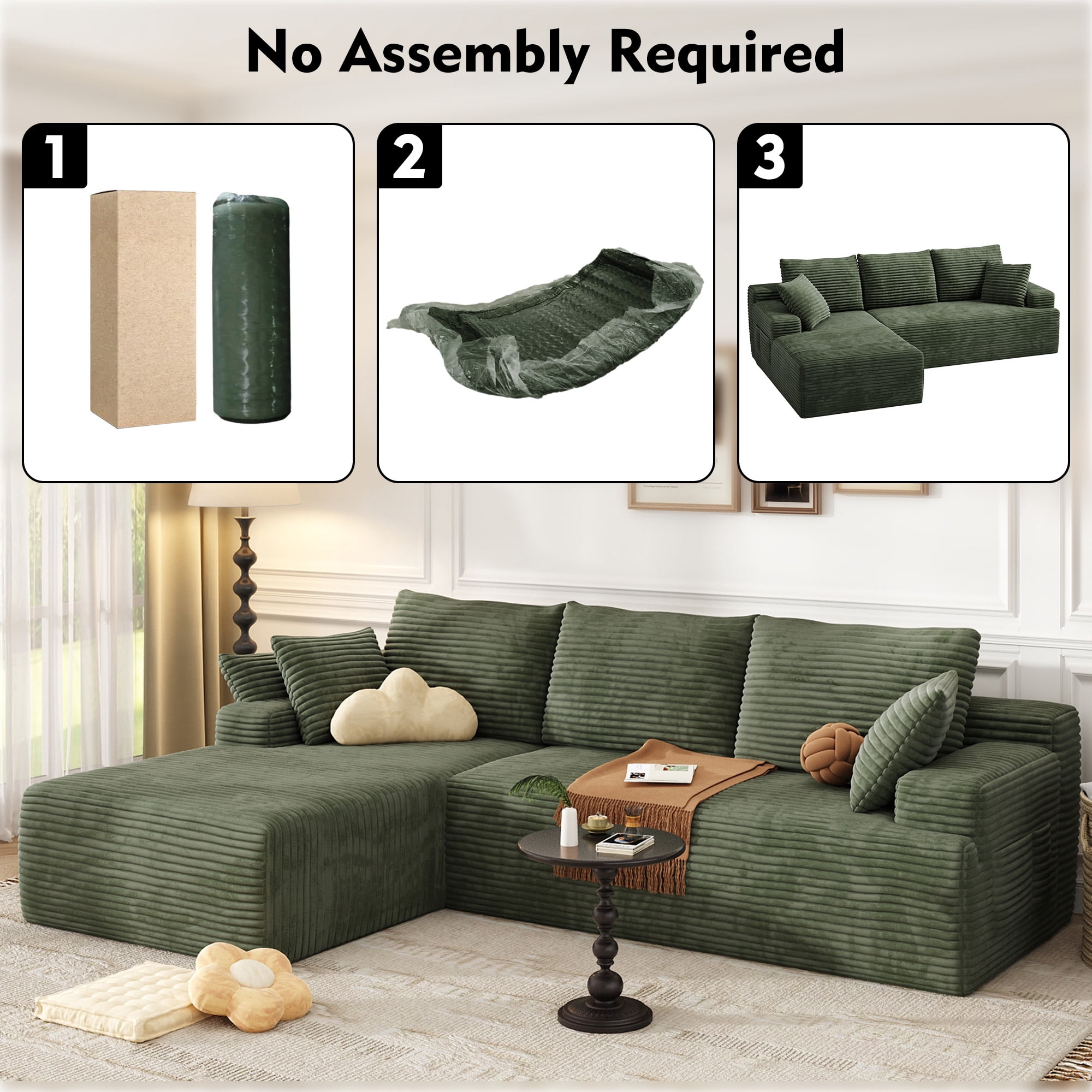 104" Modular L-Shaped Sectional Sofa, No Assembly Required Boneless Sofa with Chaise, High Resilience Foam & Corduroy Fabric, for Living Room Bedroom,(Sage Green)