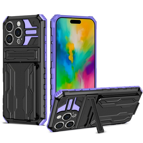 Heavy Duty Case for iPhone 16 Pro Max Credit Card Slot Holder Kickstand Bracket Cover, Military Grade Dual-Layers Rugged PC Shockproof Anti-Scratches Lens Protection Case, Purple