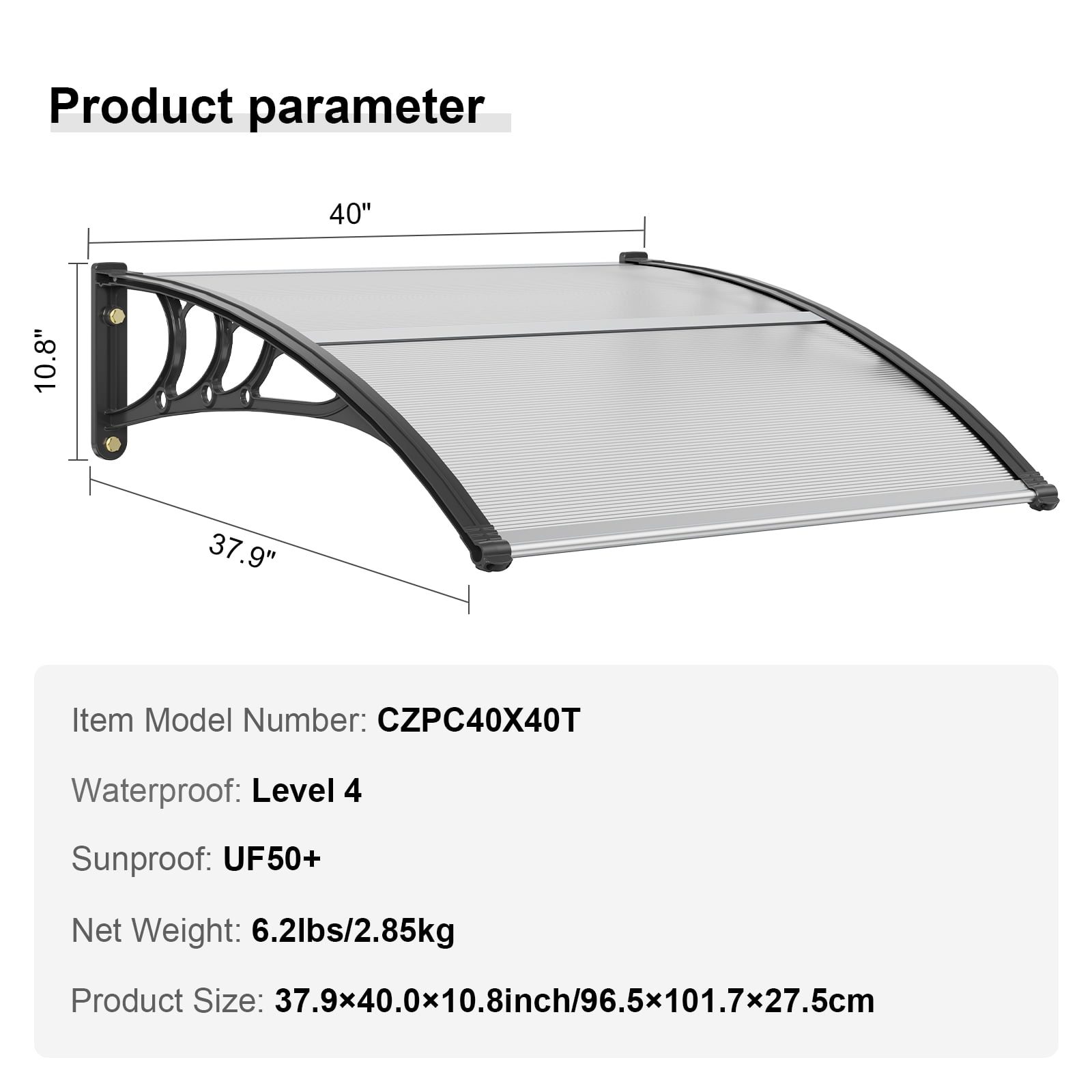 KFFKFF Outdoor Canopy for Window and Door, 40" x 40", UPF 50+ Polycarbonate Material, Exterior Overhang for Entry Door, Sun Shutter Protection, Resistant to UV, Rain, and Snow, Hollow Sheet Design