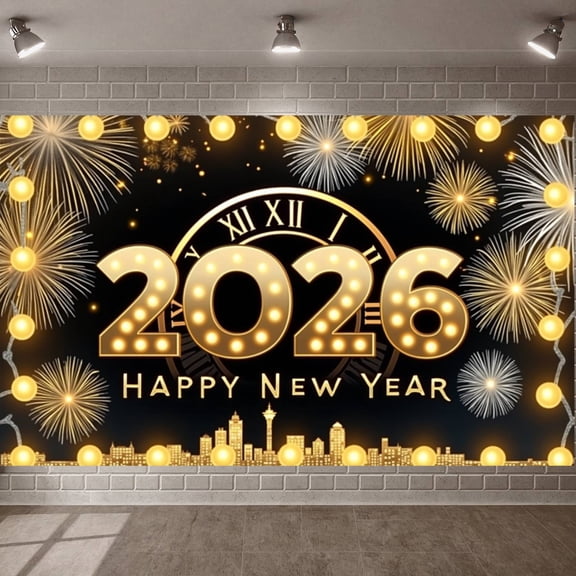 Golden Numbers Happy New Year Banner Fireworks Design 2026 Display Clock Tower Pattern City New Year Backdrop for New Year Party 2026 Celebration New Year Eve