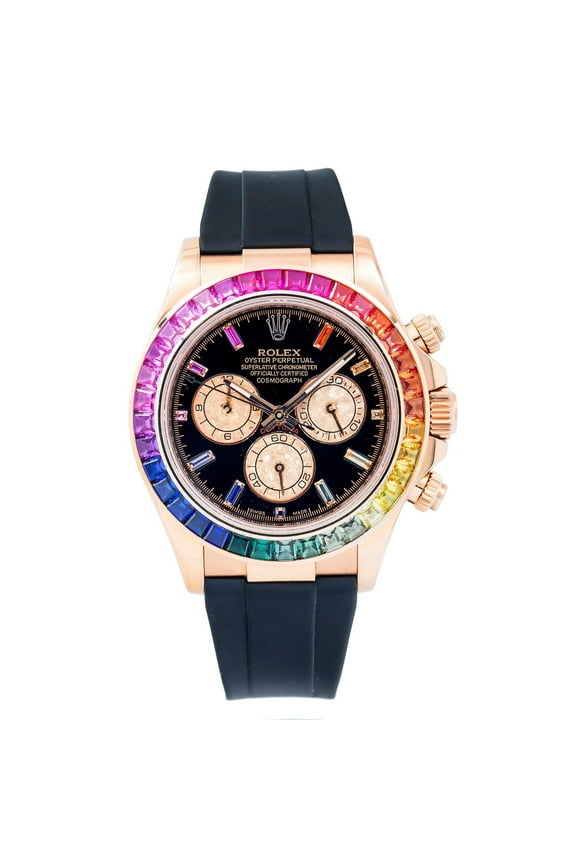 Pre-Owned Rolex Cosmograph Daytona 40MM 116505 Black Rainbow Hour Diamond Dial Rainbow Gemstone Bezel Black Rubber Strap