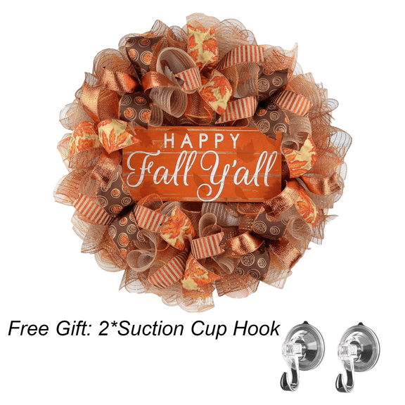 Fall Wreath for Front Door 11.81*11.83in with Wooden Sign Thanksgiving Harvest Ribbon Wreath for Home Decor Happy Fall Yall Farmhouse Door Hanger for Autumn Season Handmade Fall Festival Wreath
