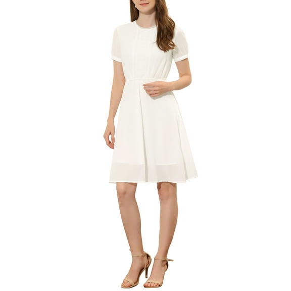 INSPIRE CHIC Women's Flowy Lace Insert Casual Fit and Flare Dresses White M