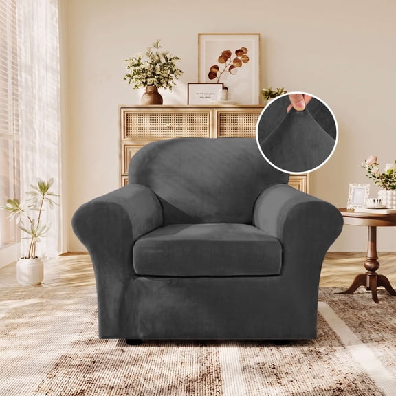 H.VERSAILTEX Stretch Velvet Arm Chair Slipcover, 2-Piece Elastic Furniture Protector, Fits 31–49 Inch Wide Armchair, Gray