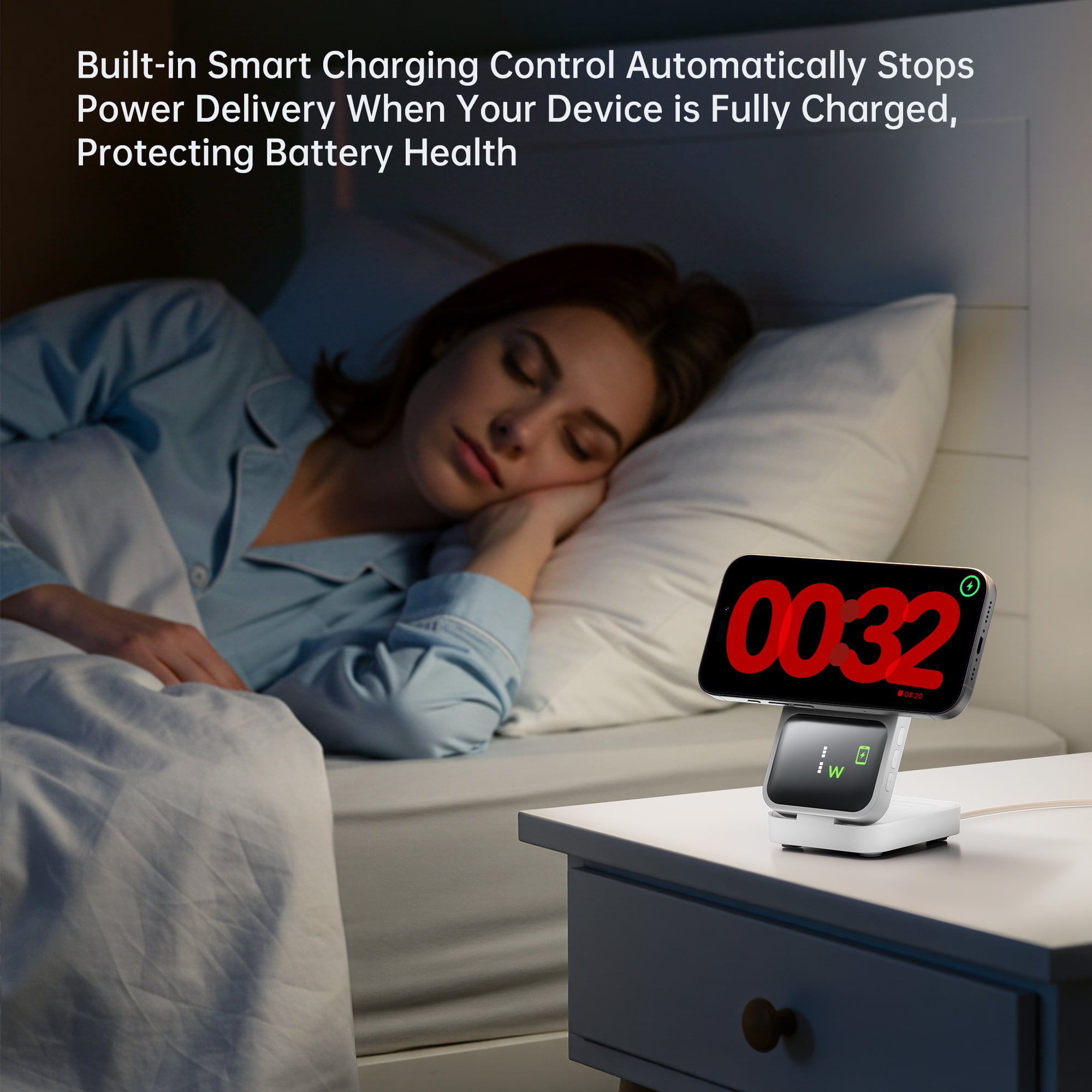 GUSGU MagTime 4-in-1 Charging Station, Foldable Wireless Charger Stand with Time Display for iPhone/Android, White