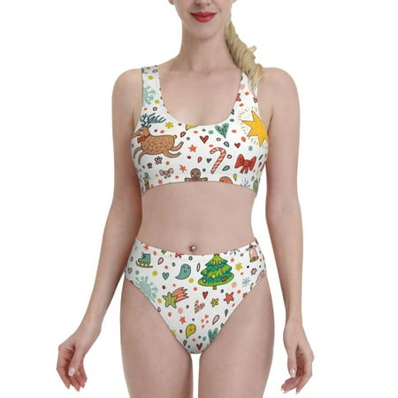 Bixox Winter Christmas Pattern Two-Piece Sports Bikini with U-Shaped Top and High-Waist Bottom - Women s Swimwear with Removable Bra Pads