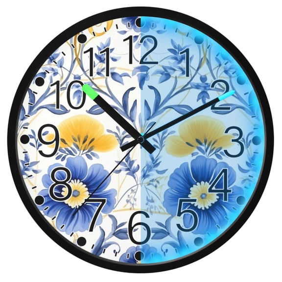 Ryvnso Flowers Blue 12 Inch Night Light Wall Clock Silent Battery Operated Luminous Clocks