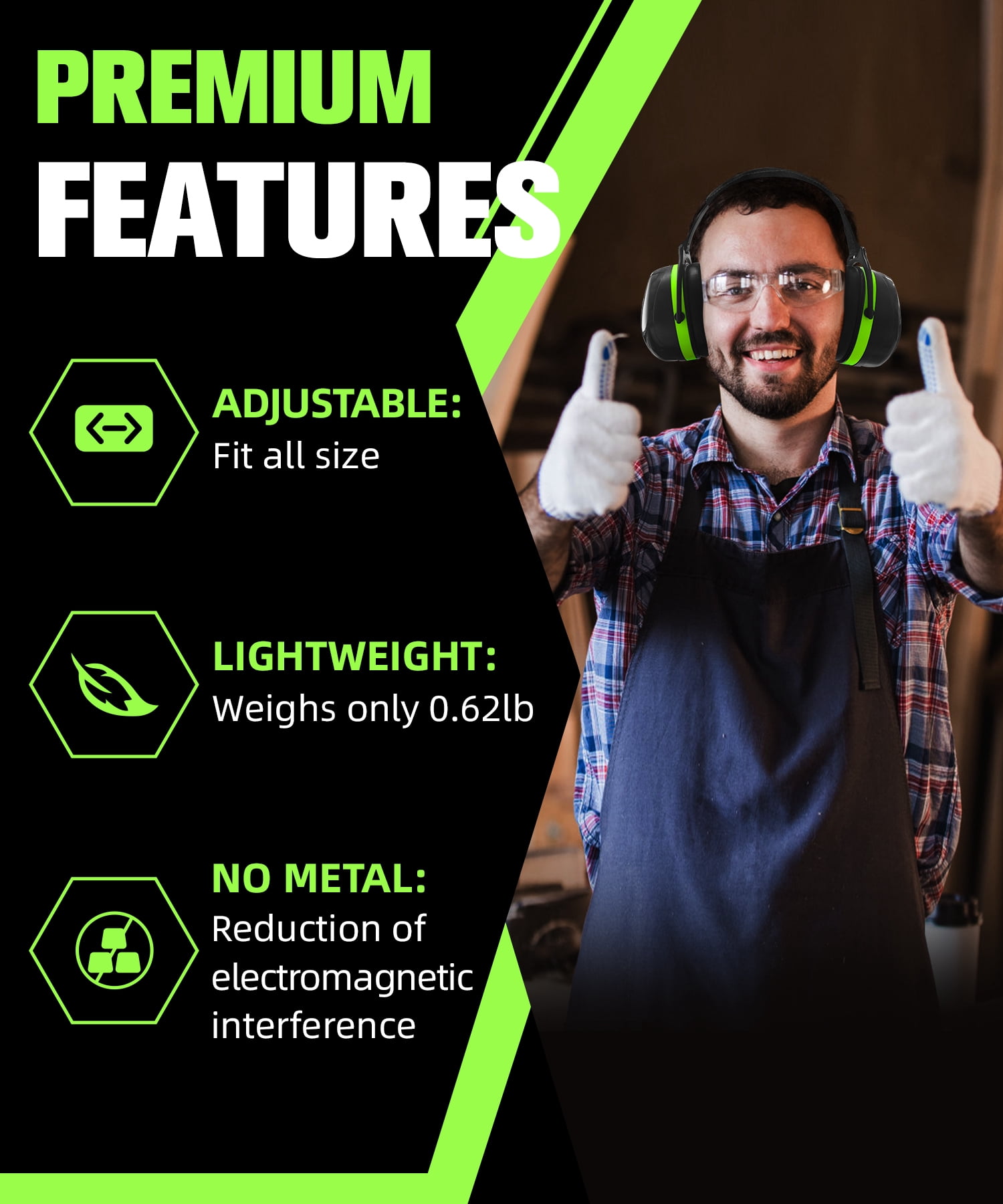 ZOHAN 012 Noise Cancelling Headphones for Adults,34dB SNR Noise Reduction Ear Muffs,Autism Sensory Ear Protection Earmuffs for Construction,Lawn Mowing,Shooting,Jam -Green