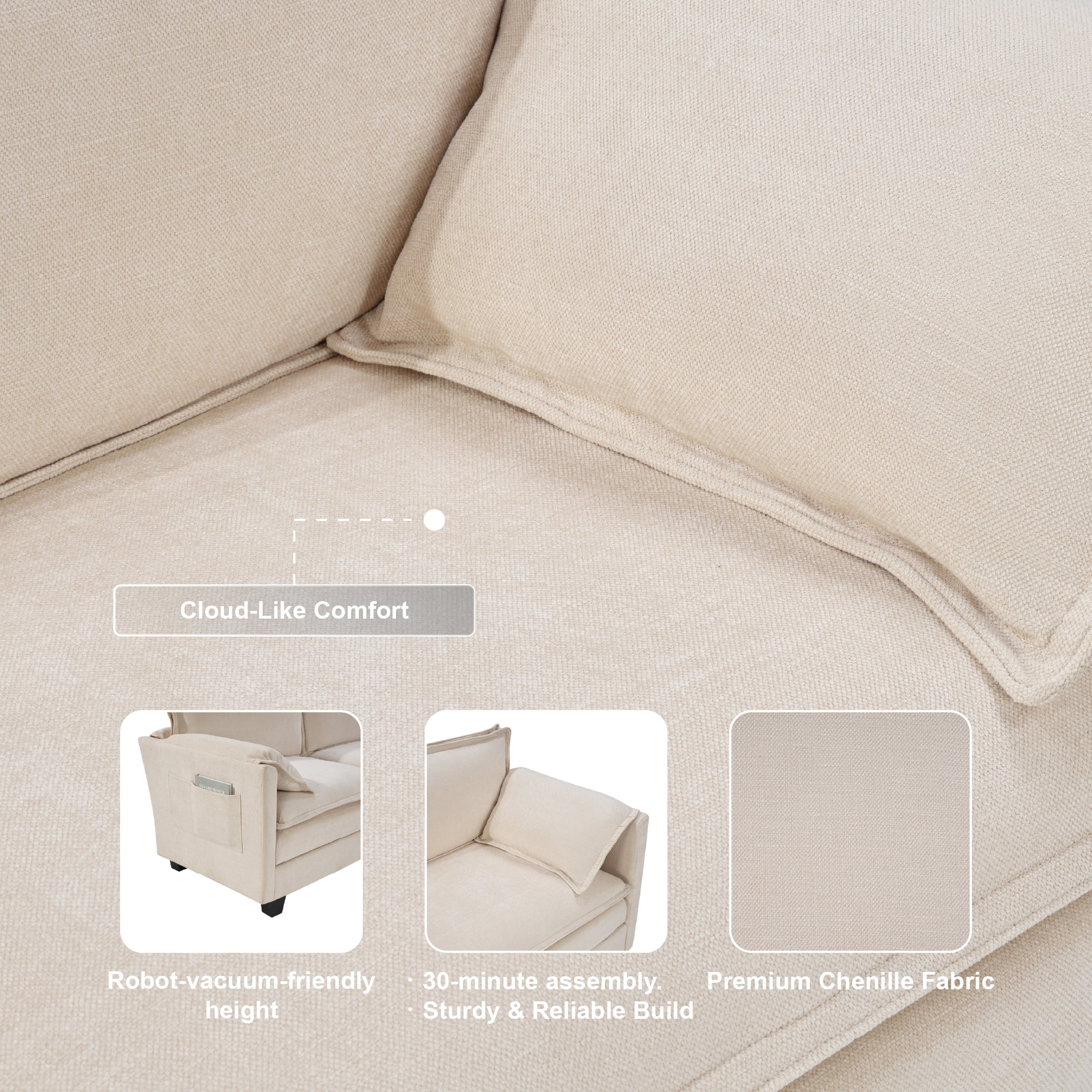 AISWORD 107.4" L Shaped Modular Sectional Sofa with Movable Ottoman & Side Storage Pockets, 4 Seat Convertible Set for Living Room & Office, Beige