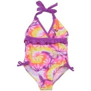 Little Girls One-Piece Purple Floral Halter Swimsuit