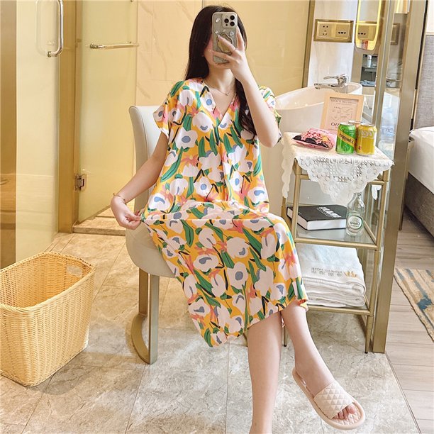 Camisón de seda de algodón para mujer, pijama de verano de manga corta con estampado de dibujos animados, estilo de talla grande, suelto, de seda de algodón, ropa de casa fina