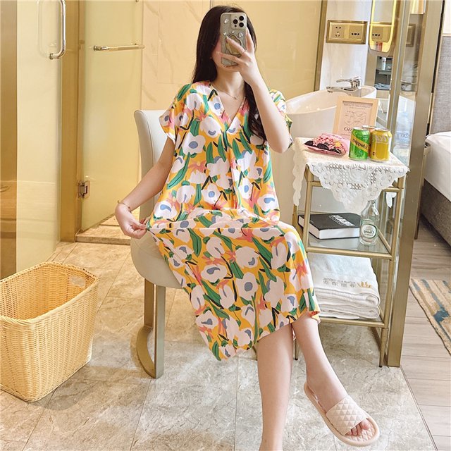 Camisón de seda de algodón para mujer, pijama de verano de manga corta con estampado de dibujos animados, estilo de talla grande, suelto, de seda de algodón, ropa de casa fina
