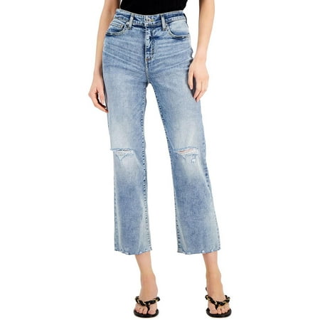 INC International Concepts Womens High Rise Ripped Straight Leg Jeans Light Indigo 0