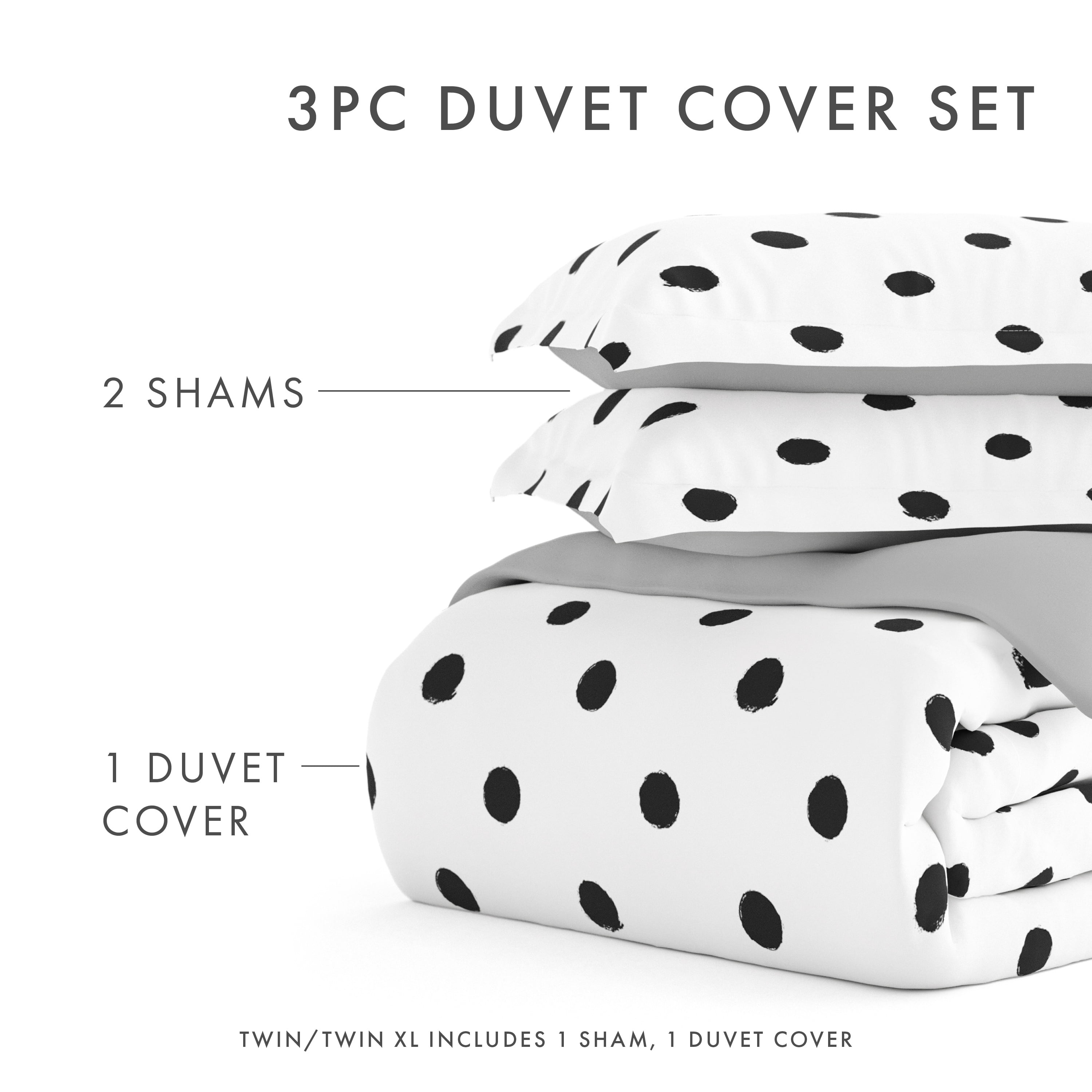 Noble Linens Light Gray Painted Polkadot Reversible 3-Piece Duvet Cover Set, Full/Queen