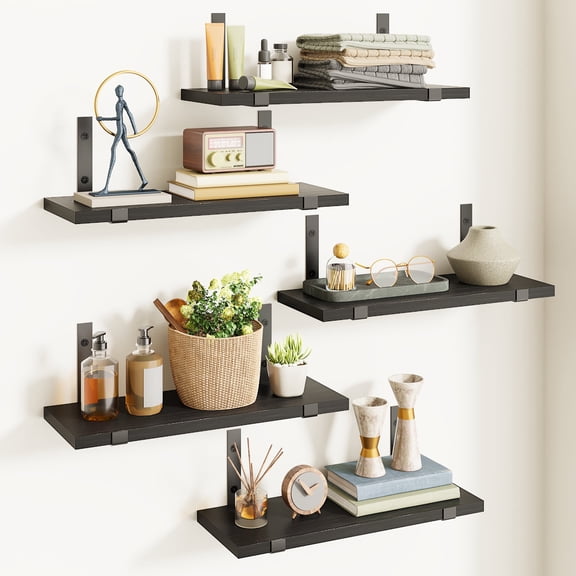 Fairy Floating Shelves, Rustic Wood Wall Storage Shelves Set of 5, 15.7in x 4.7in x 0.6in, Black
