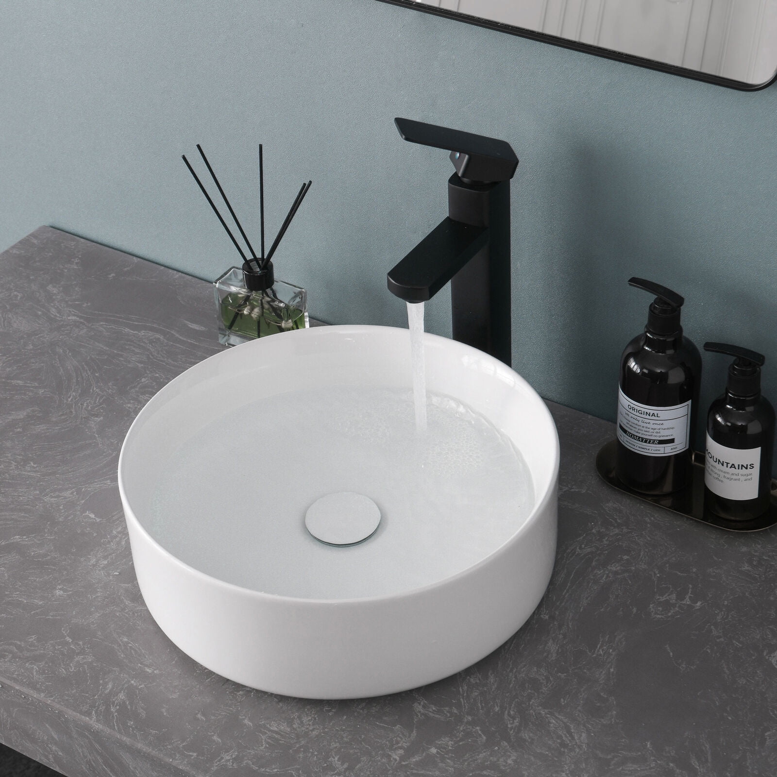 14'' Round White Ceramic Above-Counter Vessel Sink with Pop-Up Drain