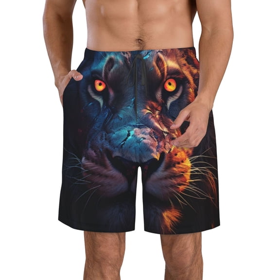 Vsdgher Forest Cool Lion Men's Beach Shorts, Surfing shorts, Swim trunks, Quick Dry Swim Trunks for Surfing Beach Fun -Medium