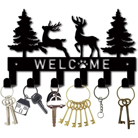 Black Metal Key Holder for Wall Key Hanger Organizer Rack Welcome Christmas Tree Bear Key Hanging Holder with 6 Hooks Wall Mounted Hooks Wall Decor