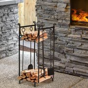 Aibecy Outdoor 2-Tier Fireplace Log Rack 18" Firewood Holder w/ Poker, Tongs, Hooks