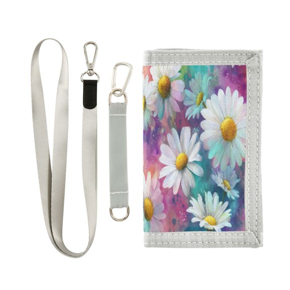Cloth Wallet with Lanyard & Multiple Compartments Fashion Purse Zipper Clutch Bag for Cash Cards Coins Watercolor White Daisies