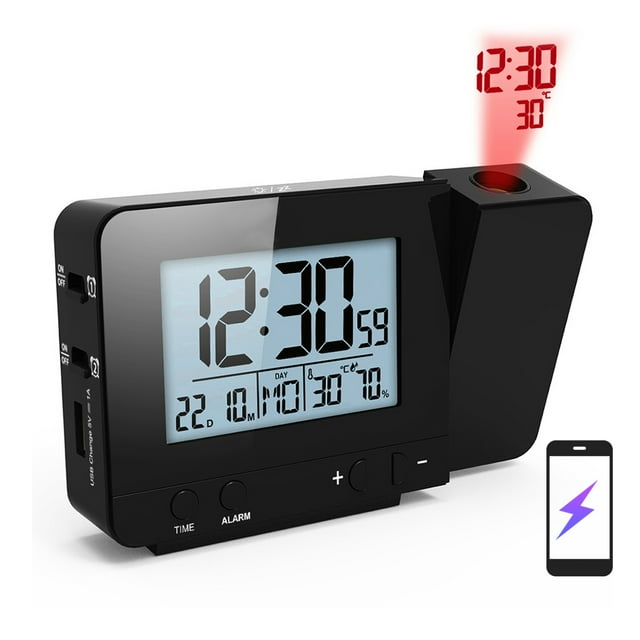 Relaj de alarma de proyeción para dormitorio con término higrómetro proyecto digital relaj de techo Pantalla LED descuidado Con Cargador USB 180 Conarmas Rotable Duales Duales