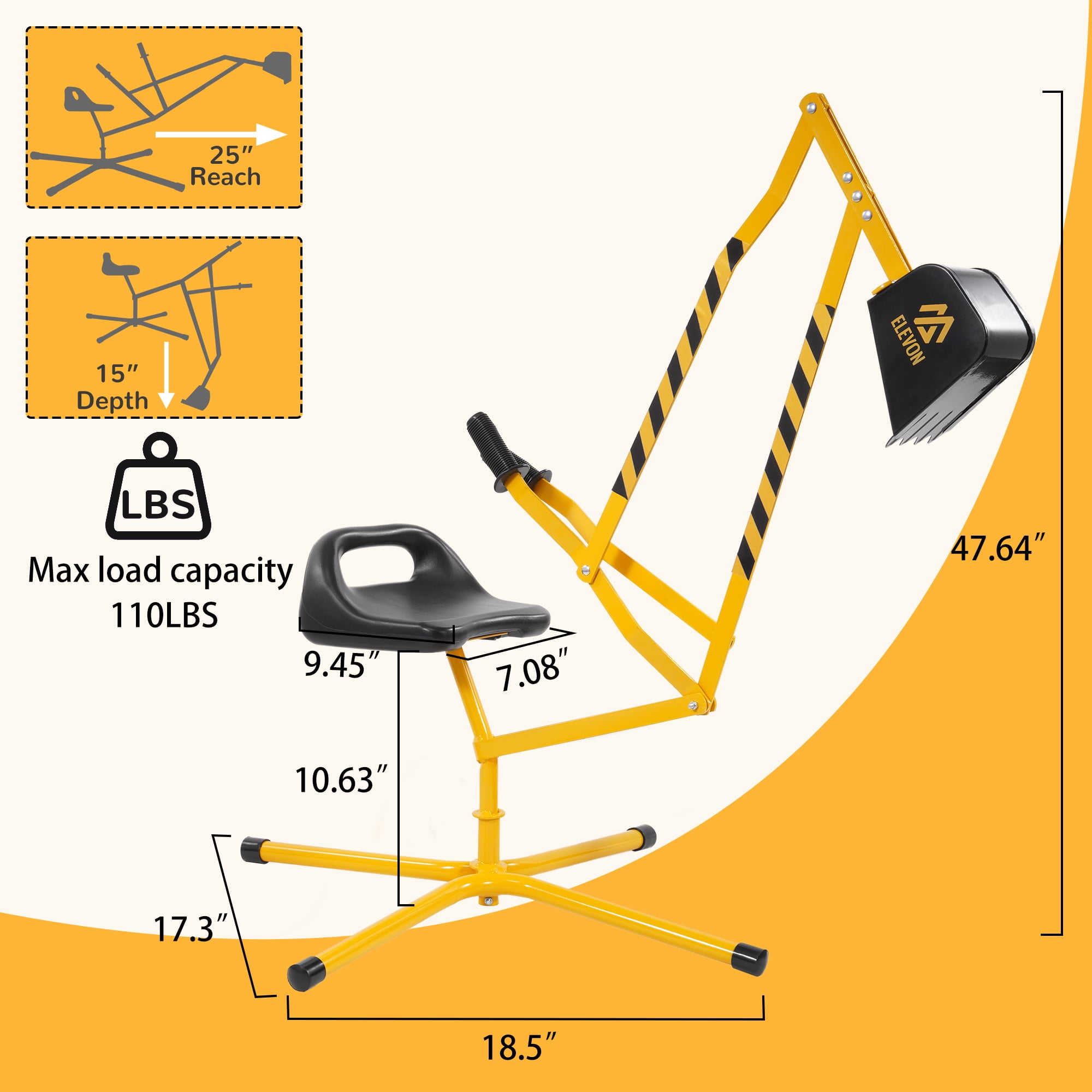 FlexWave Kids Ride-On Sandbox Digger Toy，Stationary Excavator，with 360° Rotation & Metal Base, for Outdoor Sand, Dirt & Snow Play，Yellow