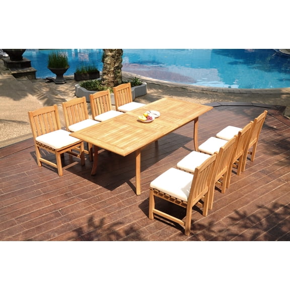 Grade-A Teak Dining Set: 8 Seater 9 Pc: 94" Double Extension Rectangle Table And 8 Devon Armless Chairs Outdoor Patio WholesaleTeak #WMDV81