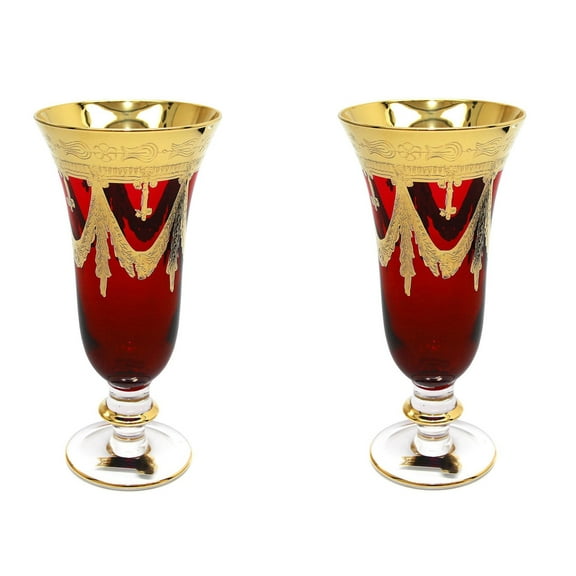 Interglass - Italy, Red Crystal Champagne Flutes, Vintage Design, 24K Gold Hand Decorated, 9 oz, Set of 2