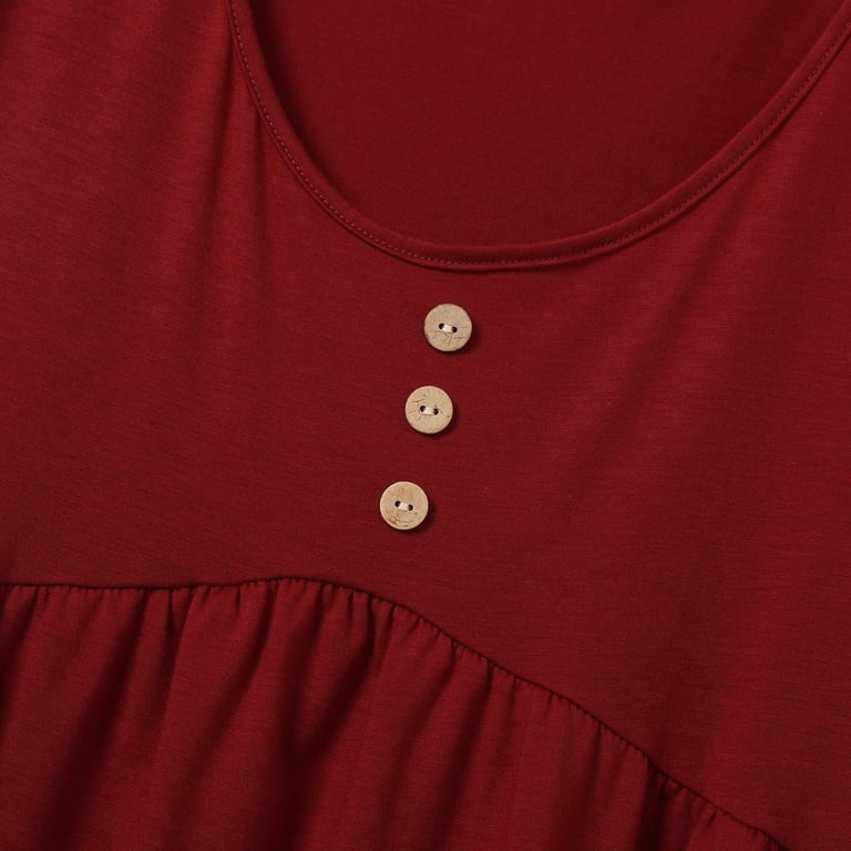 Women's Short Sleeve Color Block Tunic Top – Flowy Button-Detail Blouse In Red