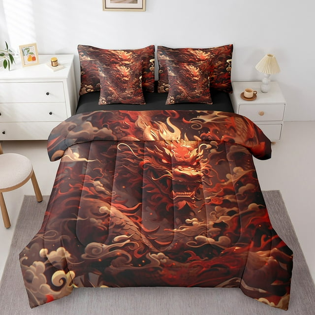 YST Ensemble de Couette Dragon Magique pour Garçons, 7 Pcs, Noir et Rouge, Full