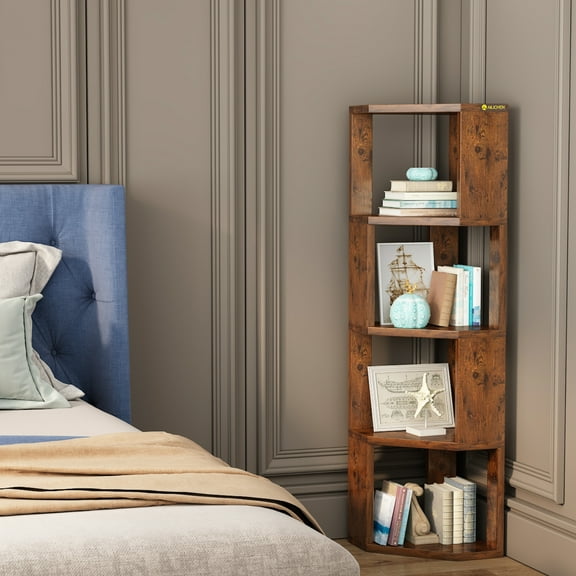 NEWSENDY Tall Corner Shelf Bookcase Bookshelf, Wooden 4-Tier Book Shelves Display Cabinet,Tall Corner Storage Display Stand Shelf for Living Room,Bedroom,Bathroom