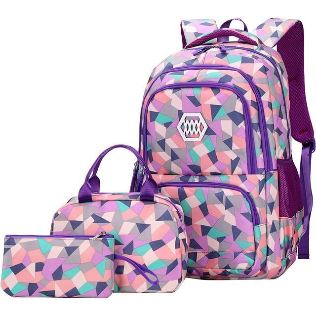 Waterproof School Backpack Set Fits 14" Laptop Backpack Daypack College School Bookbag with Lunch Box and Pencil Case (Geometric Printed,Purple)