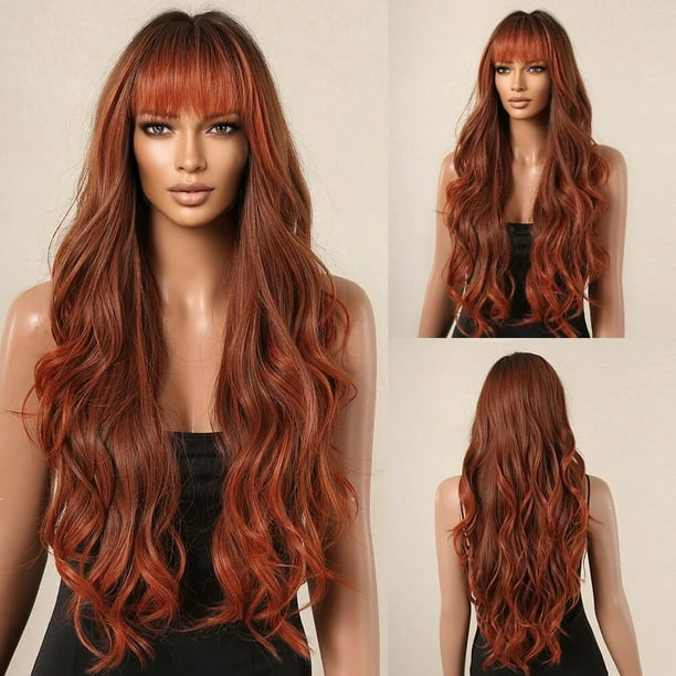 Peluca de cabello Natural para mujer, cabellera sintética de onda larga, parte media, resaltado, color marrón, Rubio, negro, degradado, Cosplay, Afro, resistente al calor