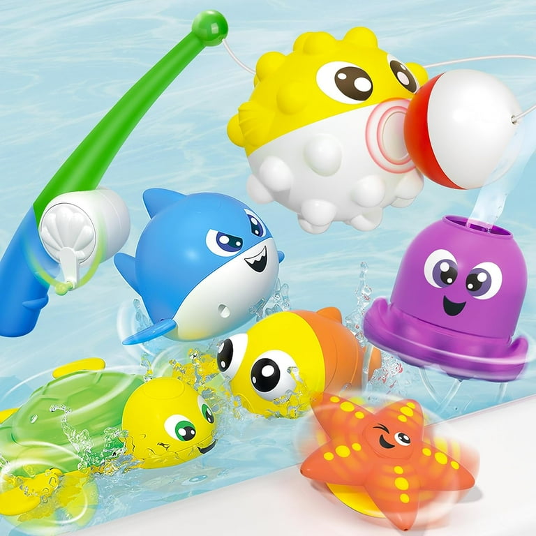 SYNCFUN Baby Bath Toy Set Magnetic Fishing Toy with Fishing Rod Soft Puffer Clown Fish Spinning Octopus and Starfish Wind up Shark and Turtle Sensory Development for Infants Toddler