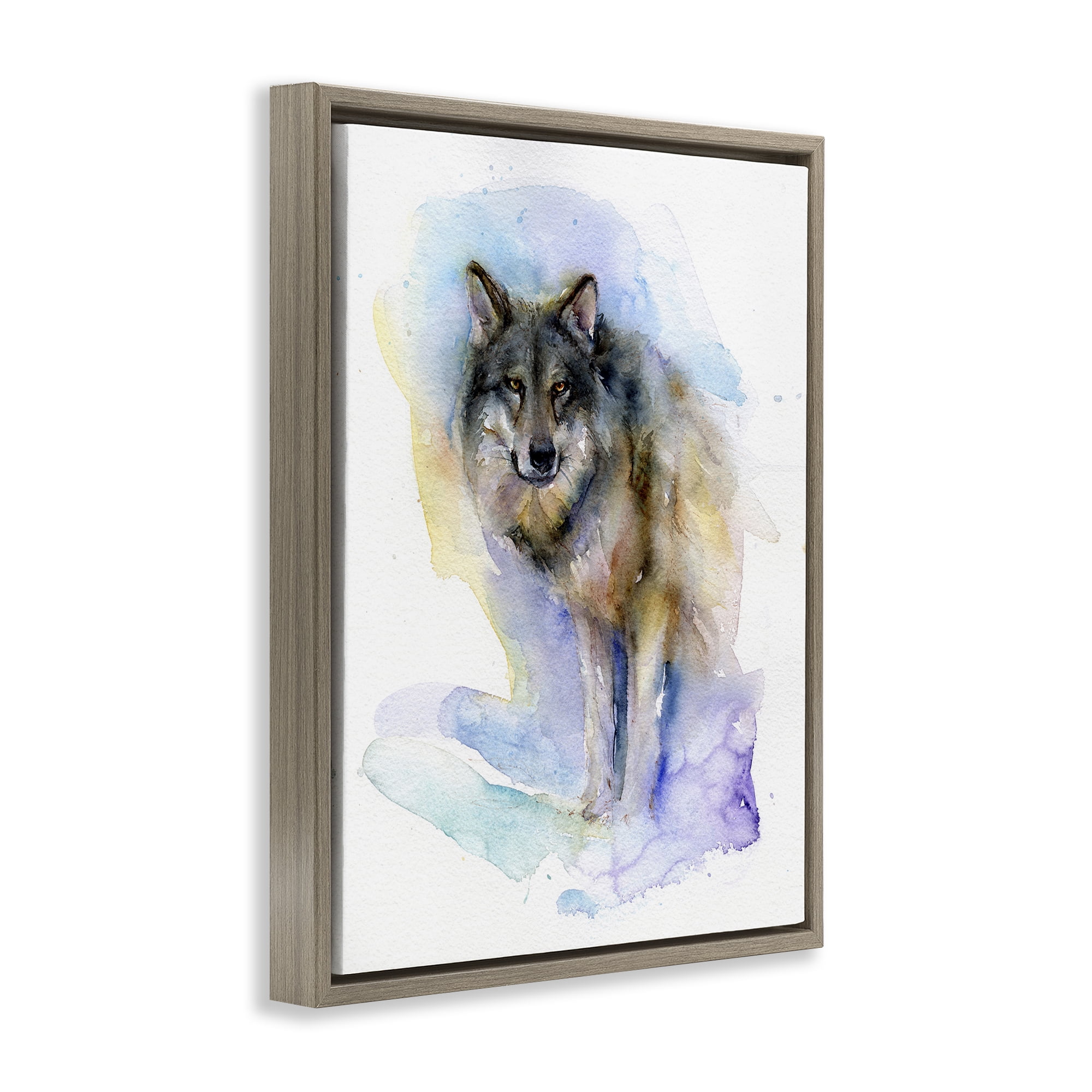 Stupell Industries Watercolor Wolf in Snow Animals & Insects Painting Brown Floater Framed Canvas Art Print Wall Art, 25 x 31