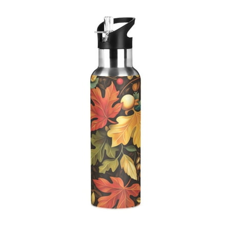 

600/1000ML Stainless Steel Sport Water Bottle with Straw Lid Leak Proof Vacuum Insulated Mug for Outdoor Activities Cycling Running & Walking Colorful Leaves and Acorns