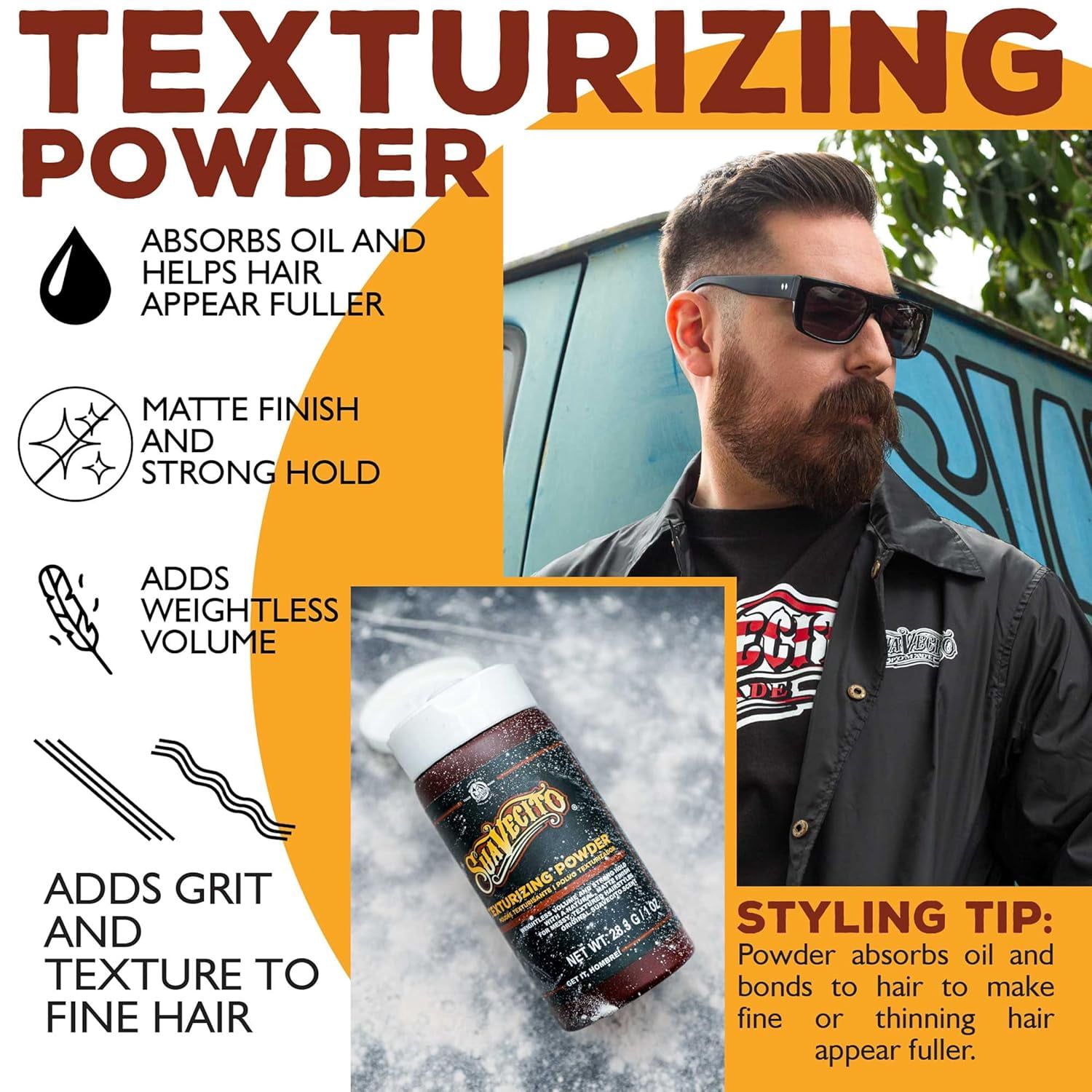 Suavecito Texturizing and Volumizing Hair Styling Powder with Shine Free Matte Finish and Strong Hold - No Mess, Oil Absorbing, Long Lasting - 1 oz