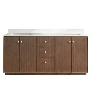 Oza 72" Bath Vanity in Aged Dark Brown Oak with Fish Maw White Quartz Stone Top