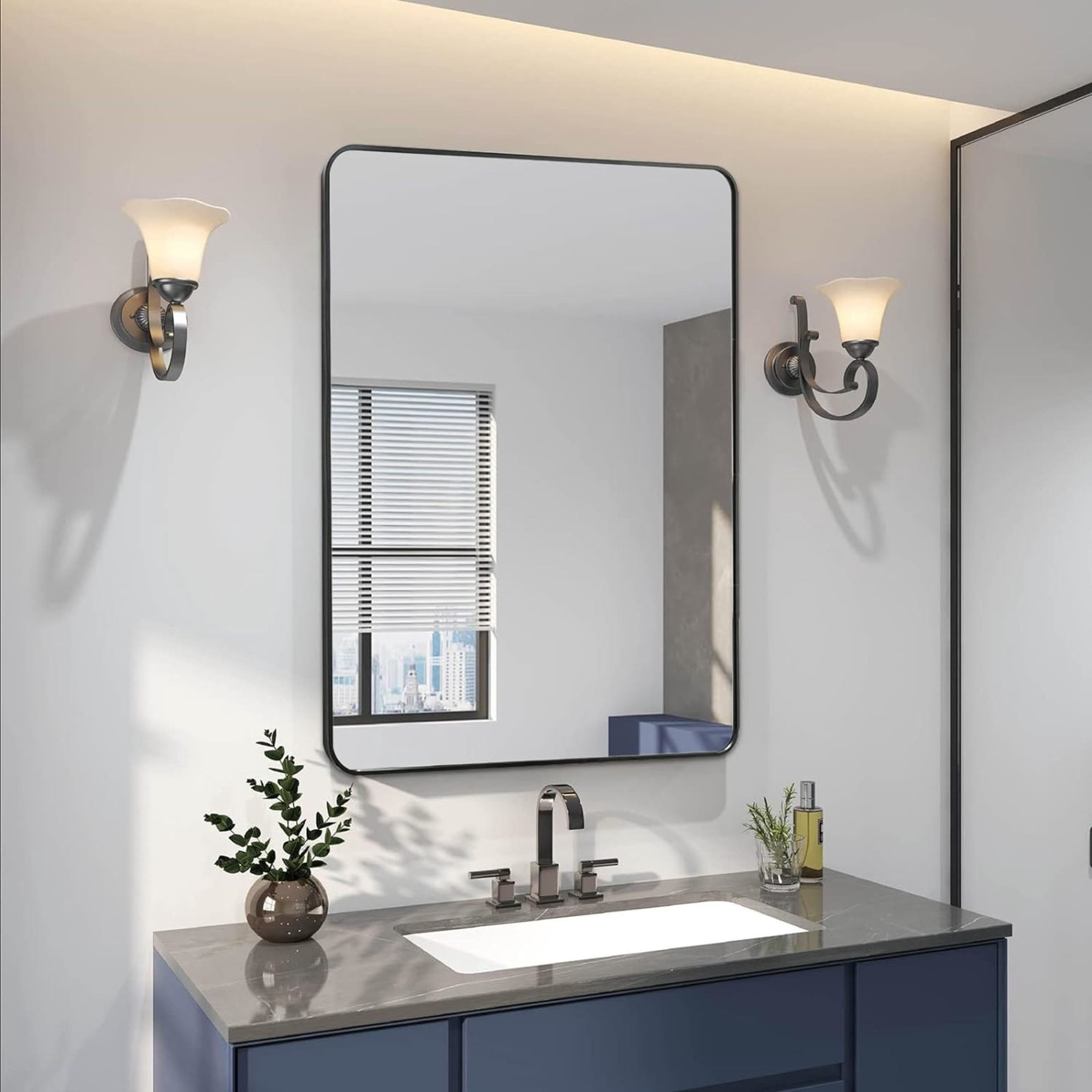 Noble House 24"x32" Rectangular Bathroom Wall Mirror, Aluminum Alloy Frame, HD Shatterproof Glass, Black