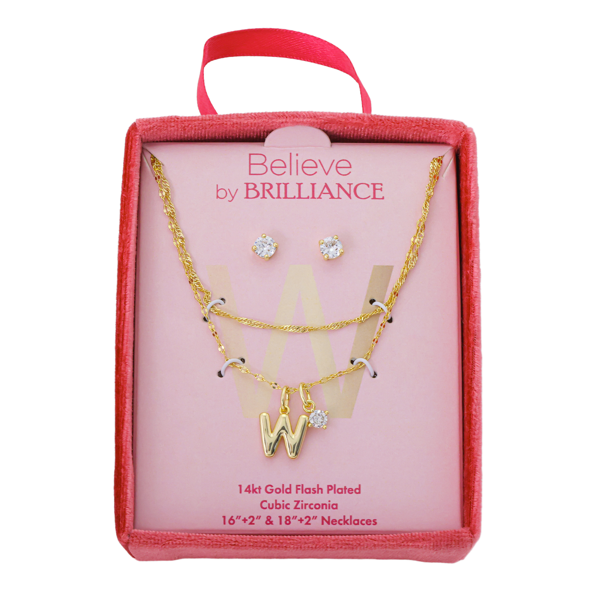 Believe by Brilliance Women's 14Kt Gold Flash Plated Initial W Slider Charm and Cubic Zirconia Charm Layered Necklace and Stud Earring Set, 16+2"/18+2"