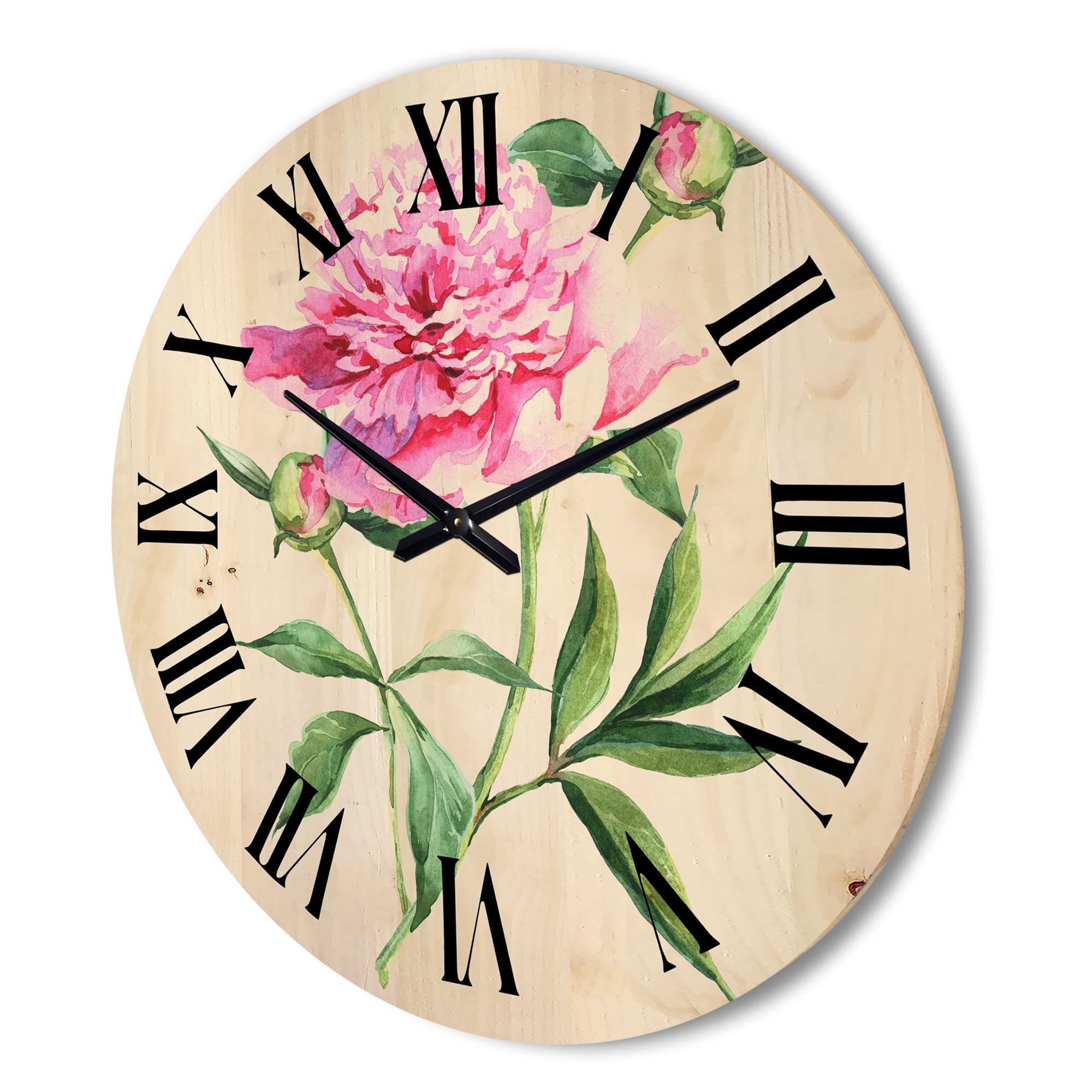 Designart 'Ancient Pink Peonies' Traditional Wood Wall Clock