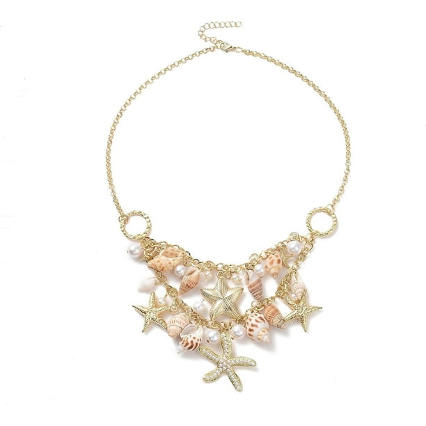 Collar de playa moderno con colgante de concha, estrella de mar y caracola, con cadena de hierro y cierre de mosquetón de latón.