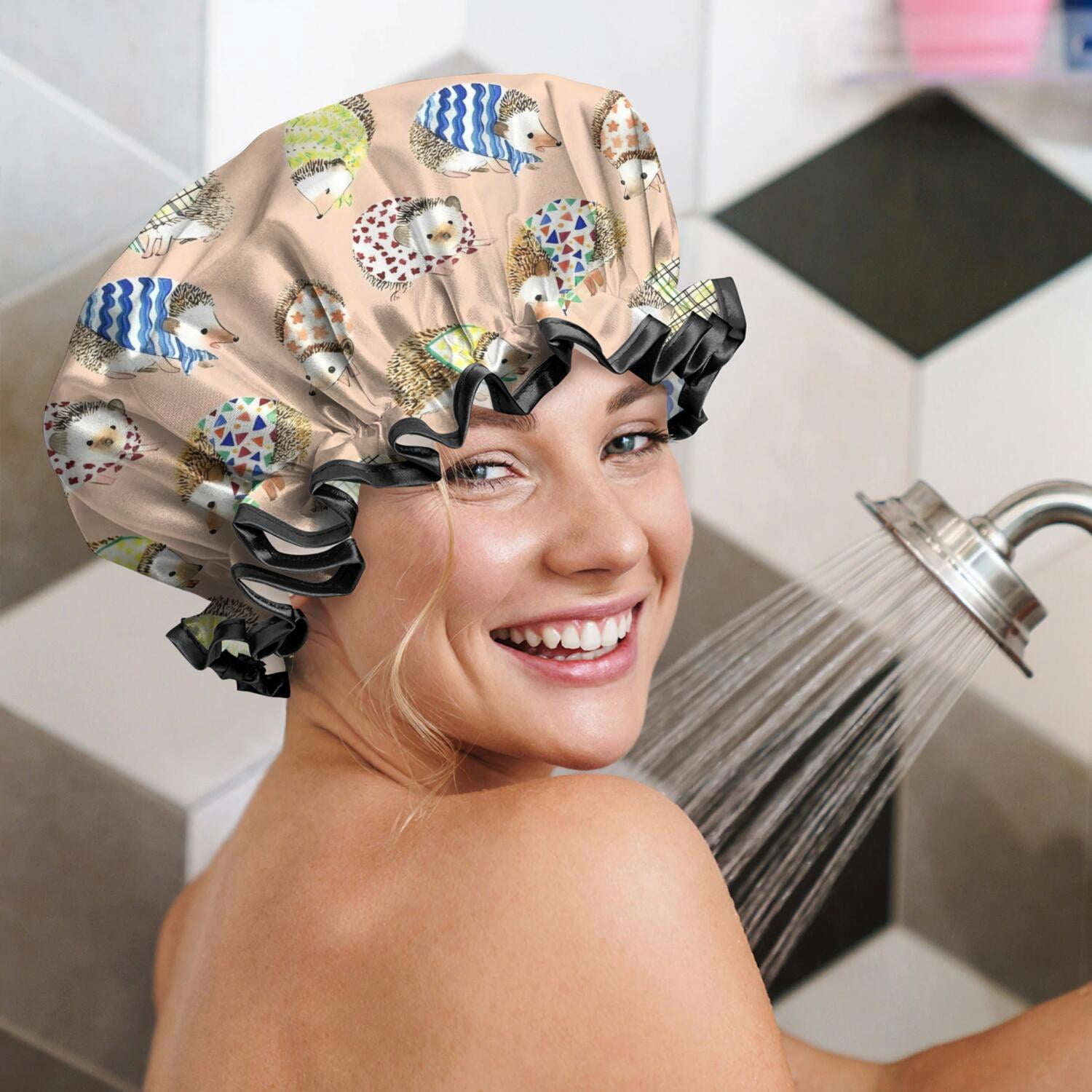 Shower Caps,Cute Hedgehog Pattern Waterproof Shower Cap for Women 4 Pieces,Double Reusable Hair Cover for Shower PEVA Elastic Stretch Hem