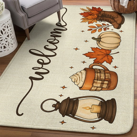 Welcome Farm Area Rugs for Living Room 5x6, Thanksgiving Country Vintage Pumpkin Maple Leaf Boot Washable Area Rug with Non Slip Backing, Stain Resist Indoor Carpet for Bedroom, Dining Room, Entrance