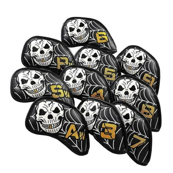 10 pcs Golf Iron Head Covers, Club Headcover Set, PU Leather Skull Pattern Golf Iron Head Covers Set Fit All Brands Irons
