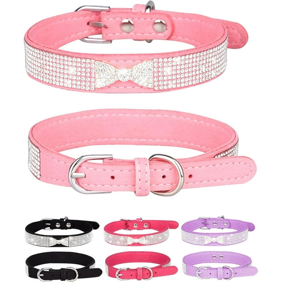 1 Pcs Dog Collar for Small Dogs, Adjustable Leather Suede Bling Dog Collars,Pink Dog Collar Cat Collar, Rhinestone Dog Collar